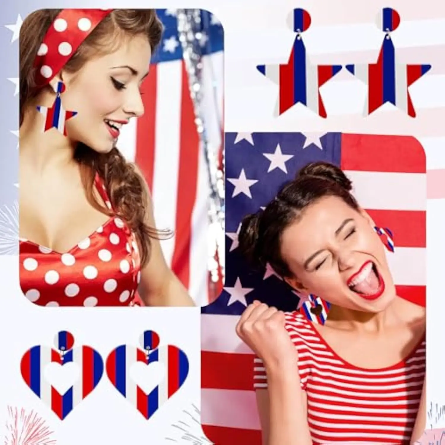 Independence Day Patriotic Red White and Blue Stripe American Flag Earrings Heart Star 4th of July Earrings for Women Gifts