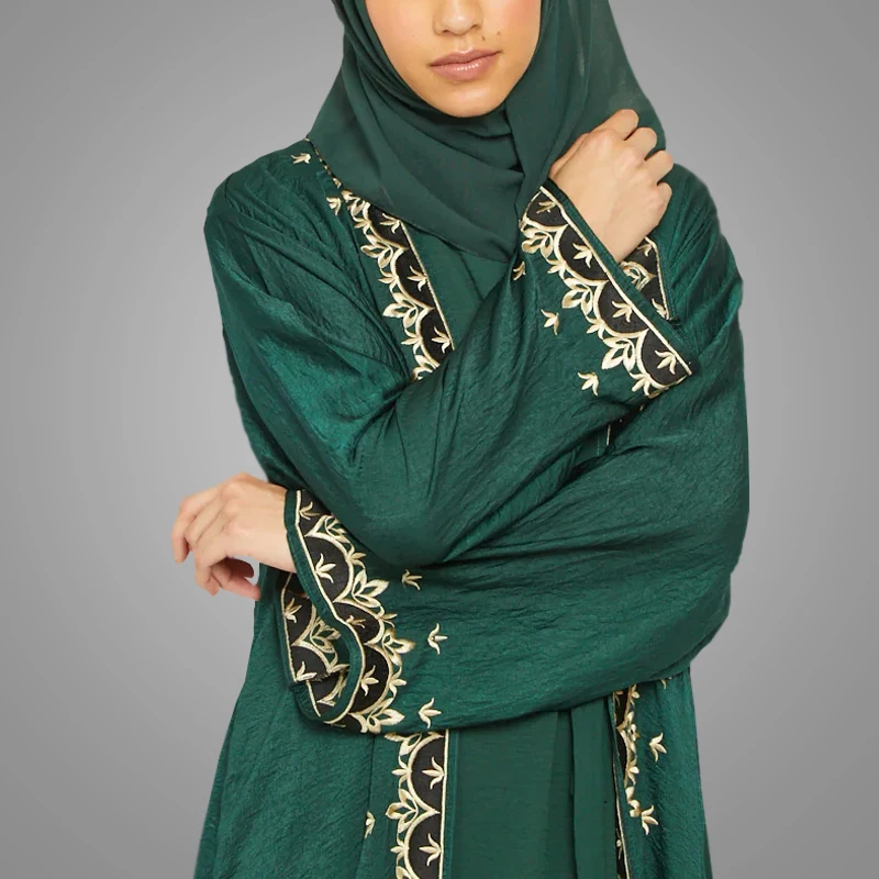 Wholesale High Quality Modest Front Open Abaya Dark Green Embroidery Dubai Style Kimono Abaya Traditional Muslim Women Clothing