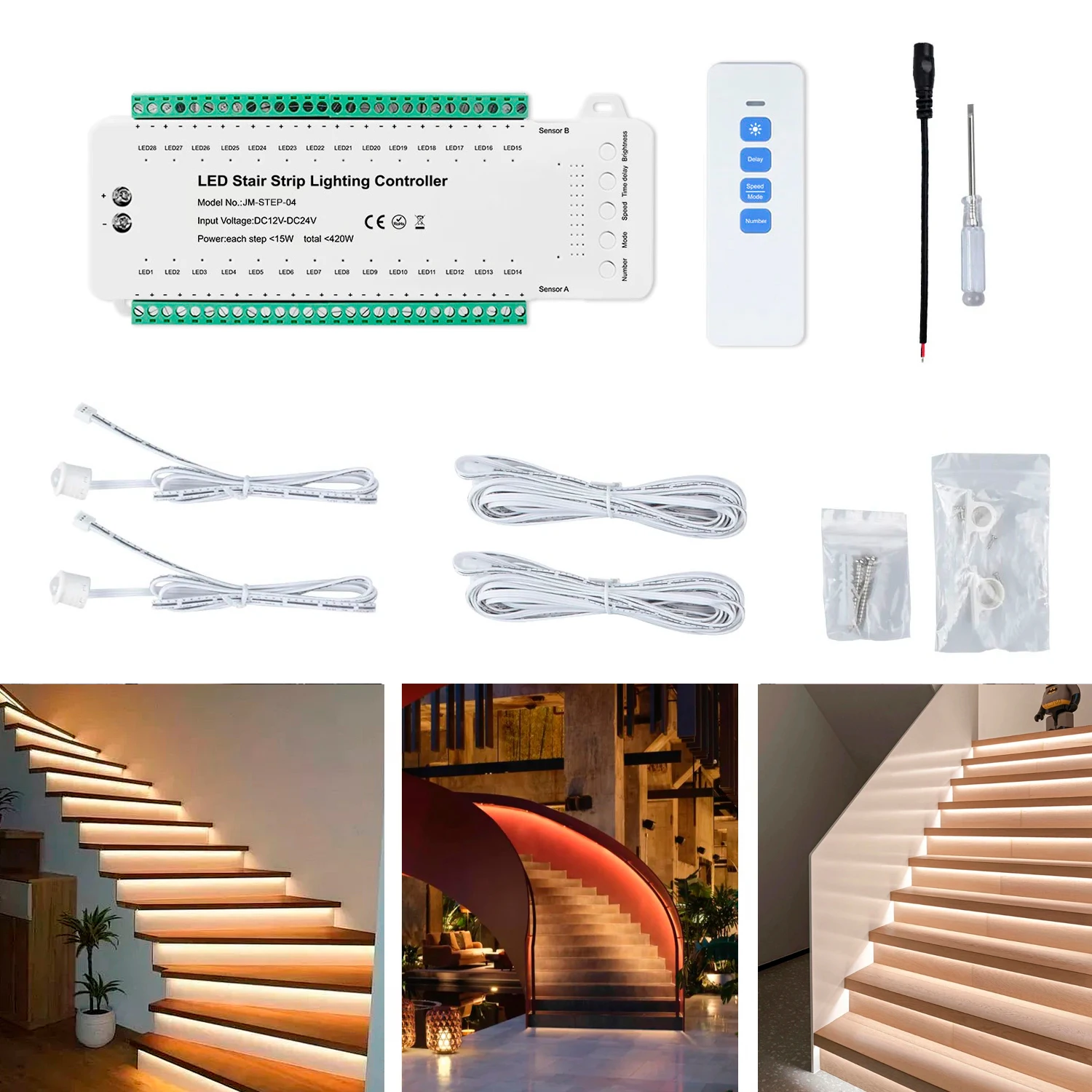 New 420W DC12V 24V Delay time 28 Steps Stair LED Lighting controller Stair Sensor for stair led light