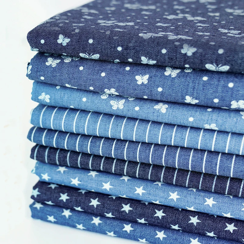 Summer Thin Butterfly Stripes Stars Cotton Material Printed Denim Fabric for Jeans Clothing Dress