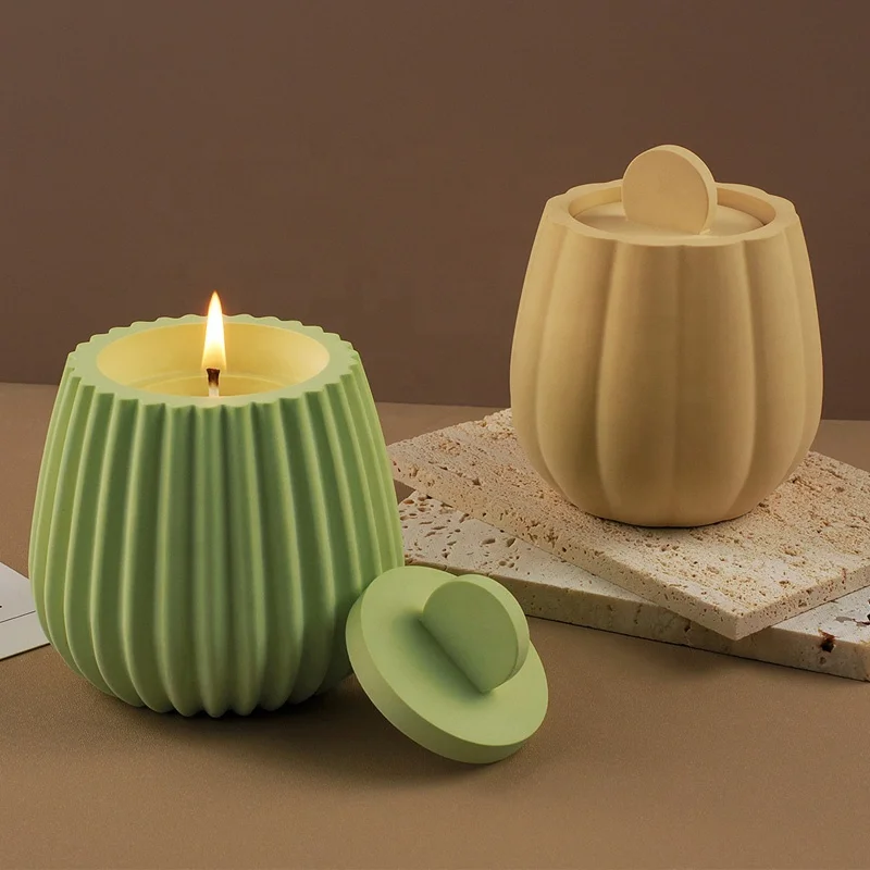 CARATTE Striped Candle Jar Pot Mold with Lid Concrete Cement Jar Silicone Mold for Wax Candle Making
