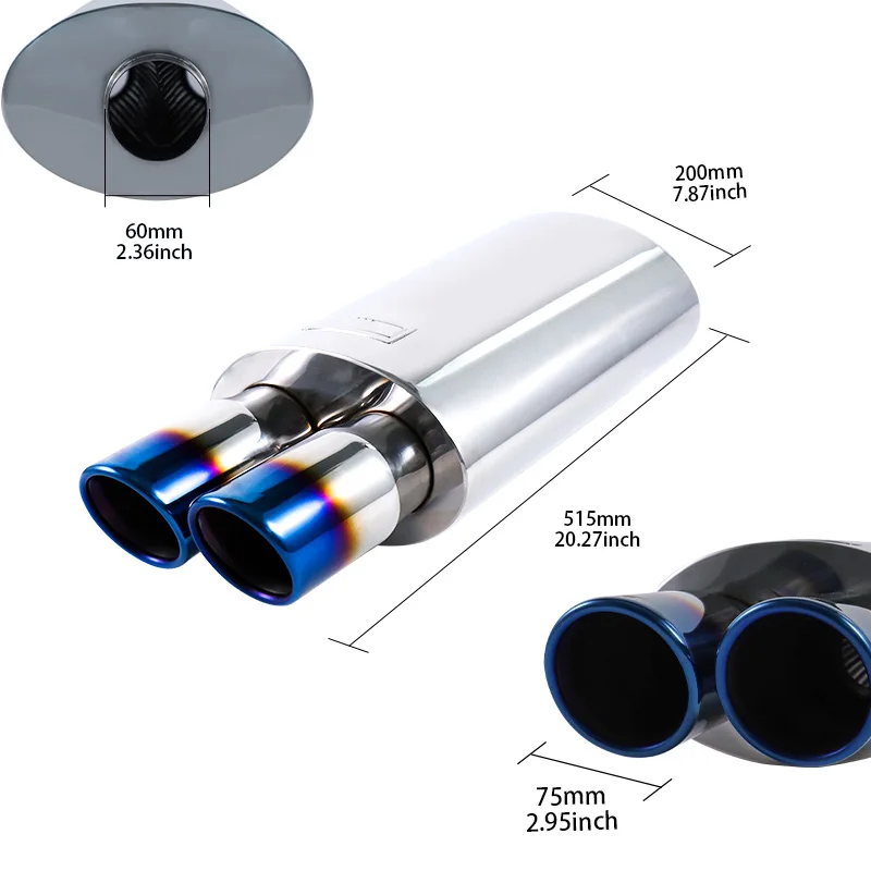 Car Auto High Quality Exhaust pipe Muffler Stainless Steel Straight pipe with dual burnt blue tips car accessories Inlet60mm