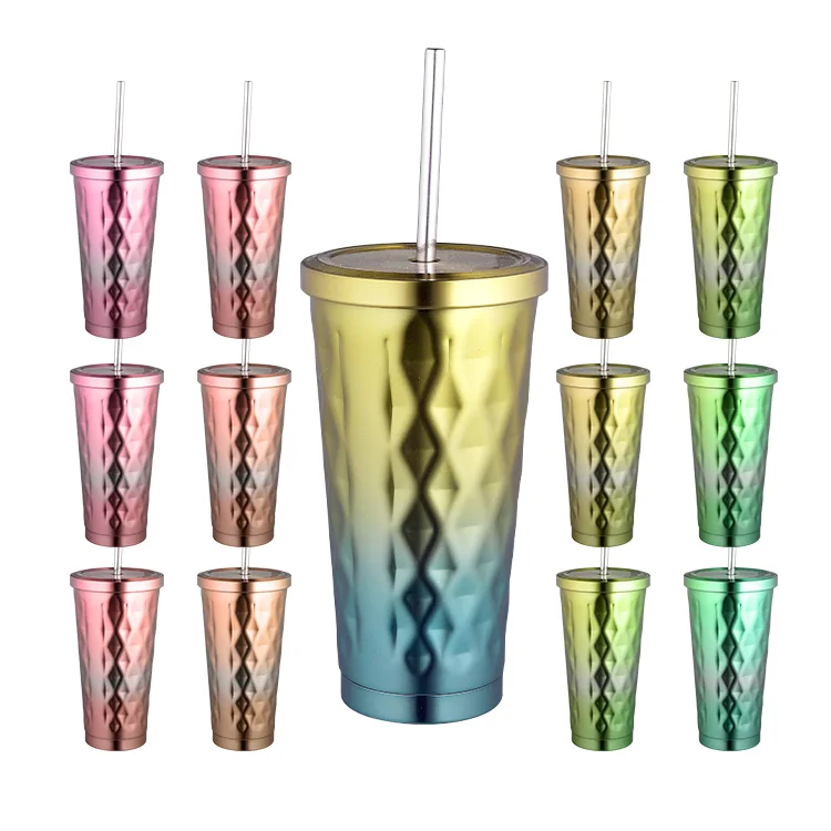 Stainless steel warm and cold drink cup with coffee tumbler straw Coke mug 17oz irregular diamond with cover