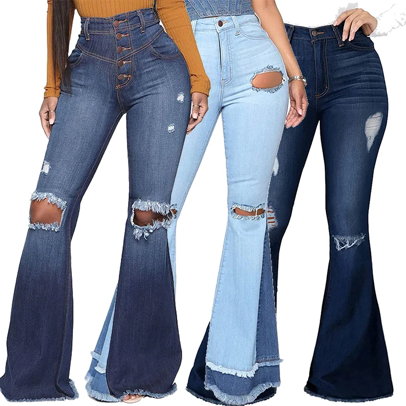 2021 Stylish Denim Jeans Ripped Trousers Bell Bottom Straight Wide Leg Women Elastic Skinny Ripped Hole Classic Denim Pants