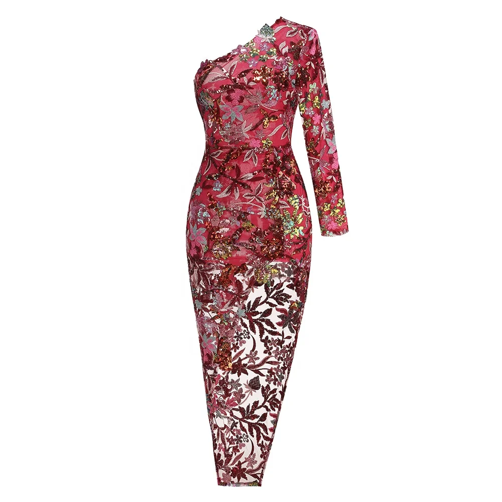 Sexy One Shoulder Luxury Sequin Floral Embroidered Asymmetric Flower Long Dress Women Long Sleeves High Split Long Party Dresses