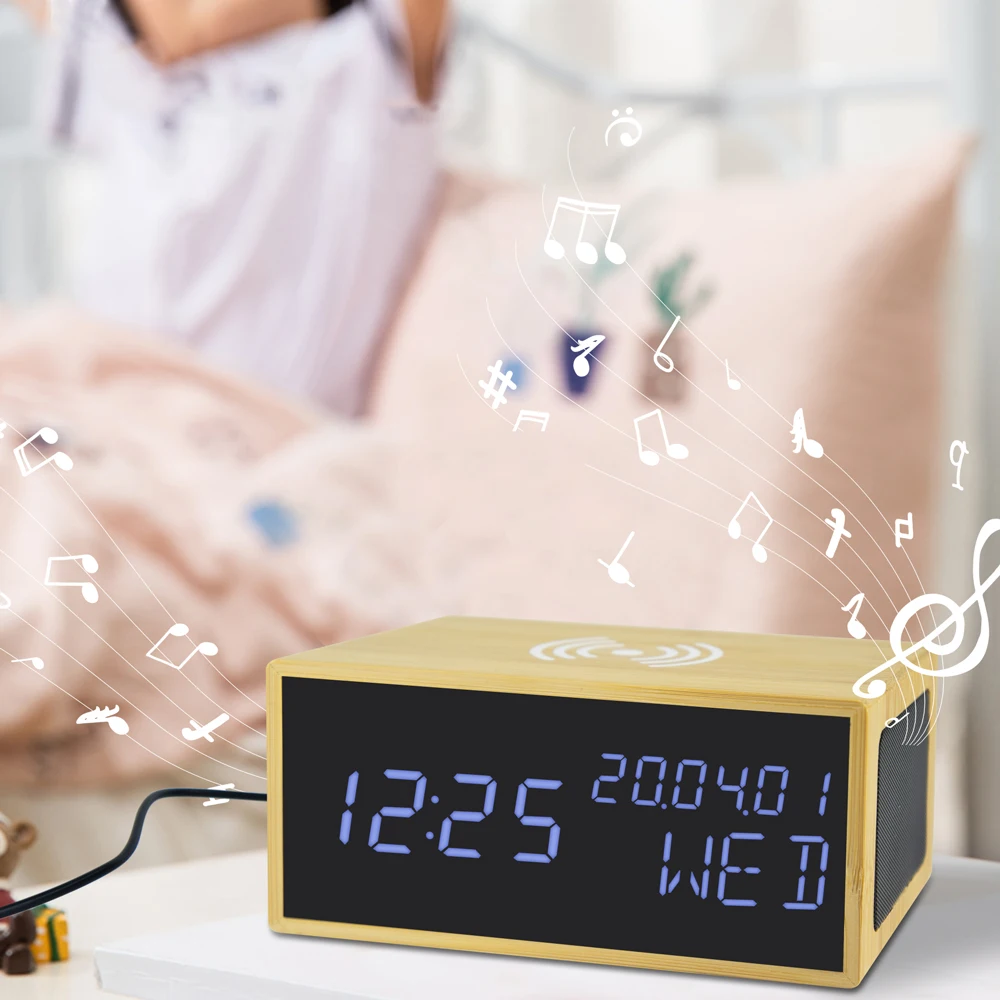 2023 Evertop заводская цена бамбуковый светодиодный цифровой будильник Беспроводная зарядка