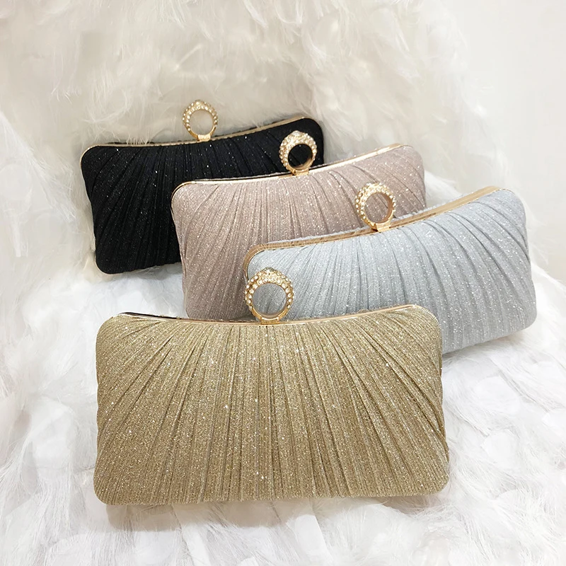 2024 Luxury Ring Solid Color Pleated Wedding Party Pair Clutch Bag Geometric Pattern Silk Pearl Dinner Bag