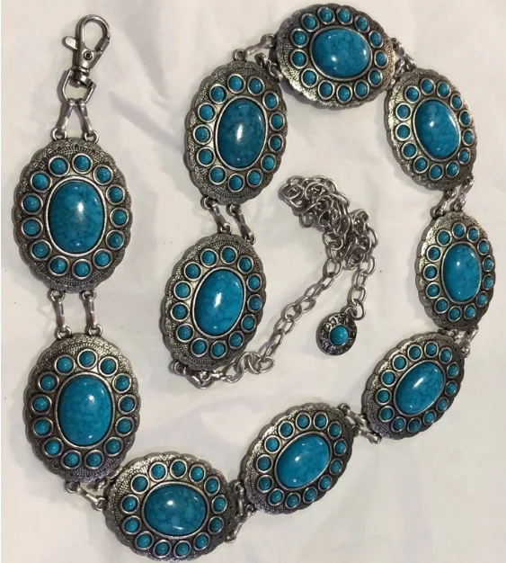 Wholesale   Women fashion belts oldnickle metal chain turquoise Blue Flower