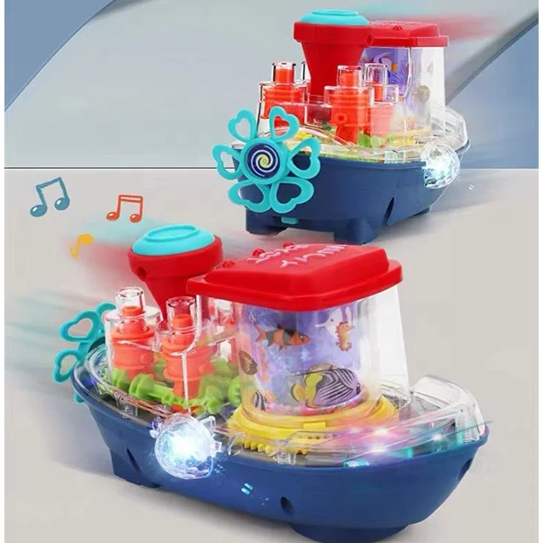 Electric universal transparent gear boat with music and light rotating cruise ship kids toy boat