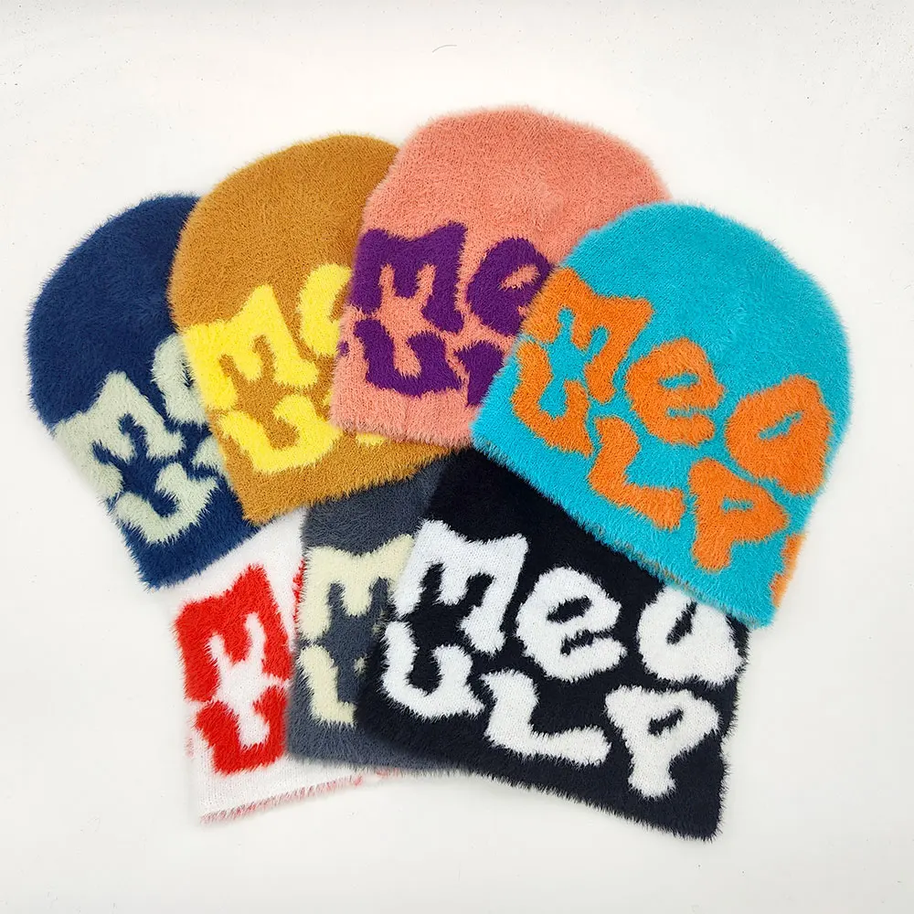 High Quality Jacquard Custom Logo Mohair Knit Winter Y2k Wool Fuzzy Mea Culpa Beanies