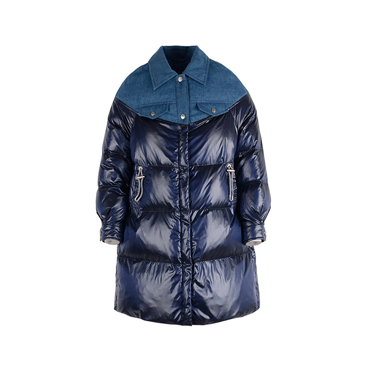 New style Turn-down Collar denim patchwork bule shiny winter long puffer jacket for women