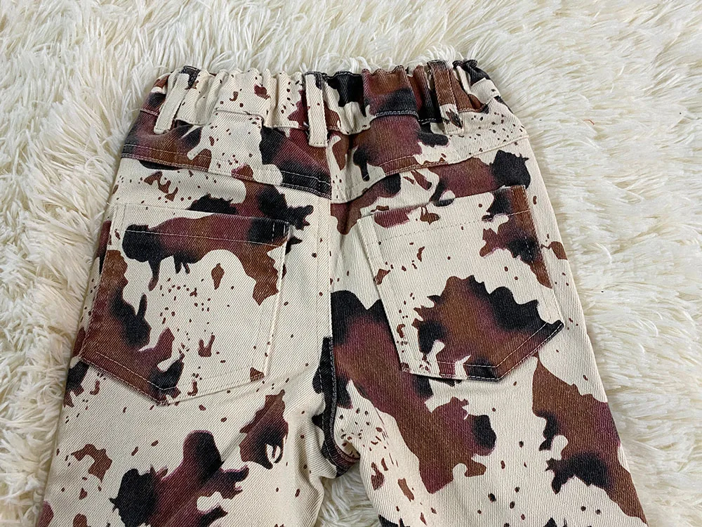 Wholesale New Baby Girls Distressed Cow Print Flared Jeans Kids Cowhide Printed Bell Bottoms Pants