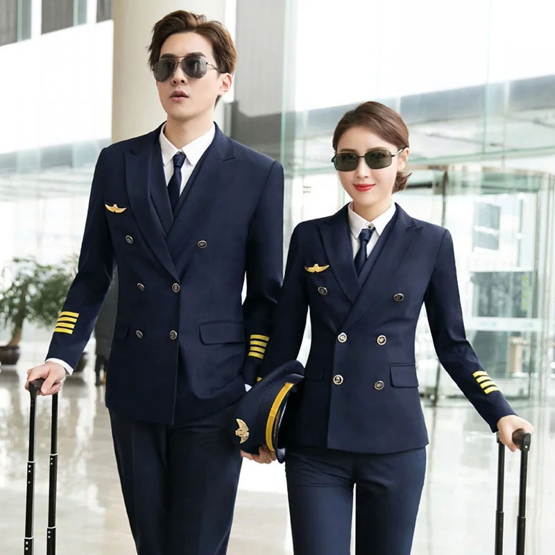 Spring Autumn Aviation School Uniform Pilot Hotel Double Breasted Work Uniform Men Women Blazer Jacket Pant Crew Airline Uniform