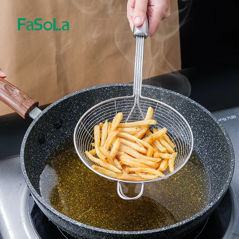 FaSoLa 304 для еды из нержавеющей стали дуршлаг масштабного бытовой продовольственного высокопробная арматурная сетка, фильтр грубой очистки, с ручкой проволочное сито Кухонные гаджеты Инструменты