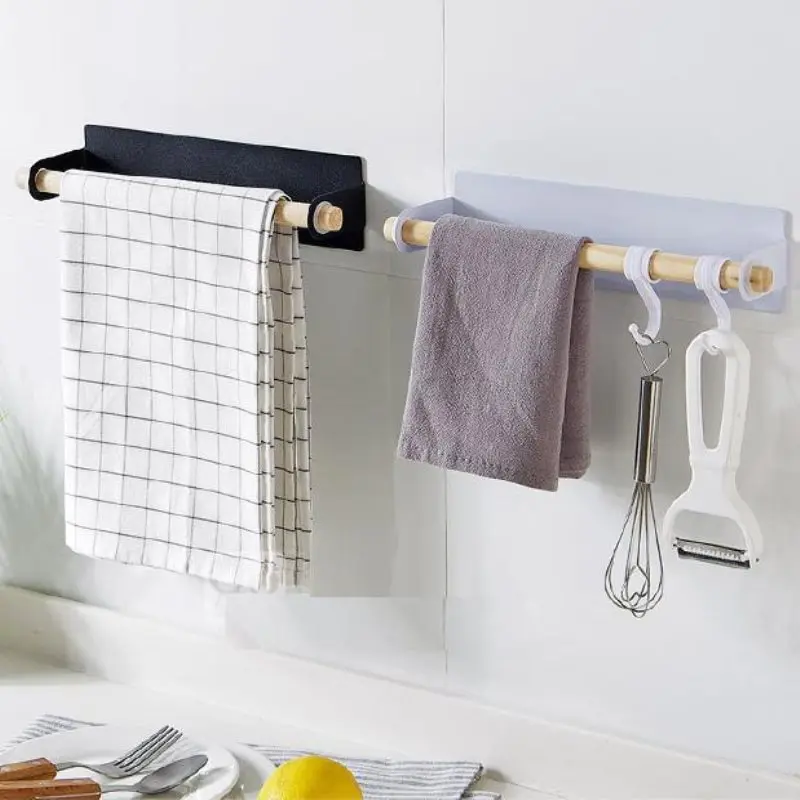 Bathroom Wood Towel Hanger Rack Bar Kitchen Cabinet Cling Film Rag Hanging Holder Organizer Toilet Roll Paper Holder Shelf