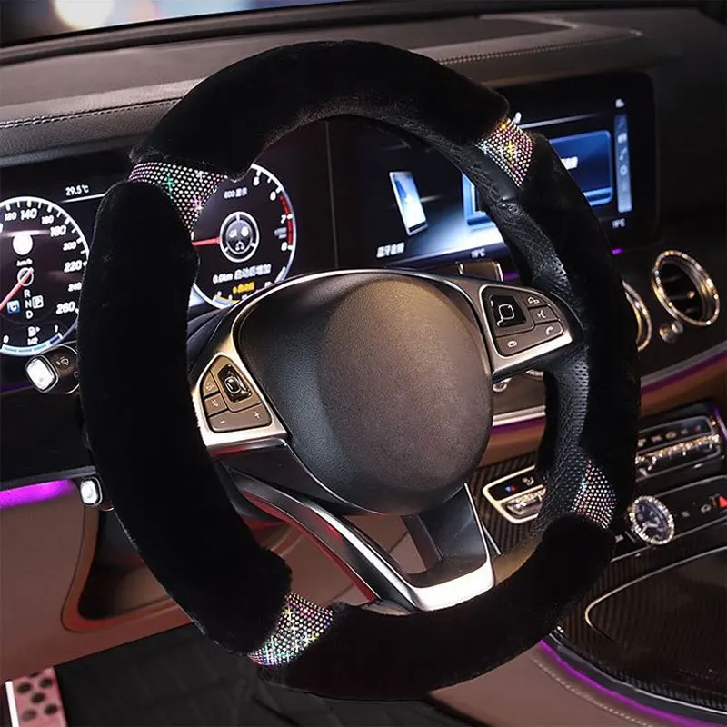 Warm Plush Bling Steering Wheel Cover Pillow Shoulder Handbrake Gear Shift Cover Car Interior Decor Set