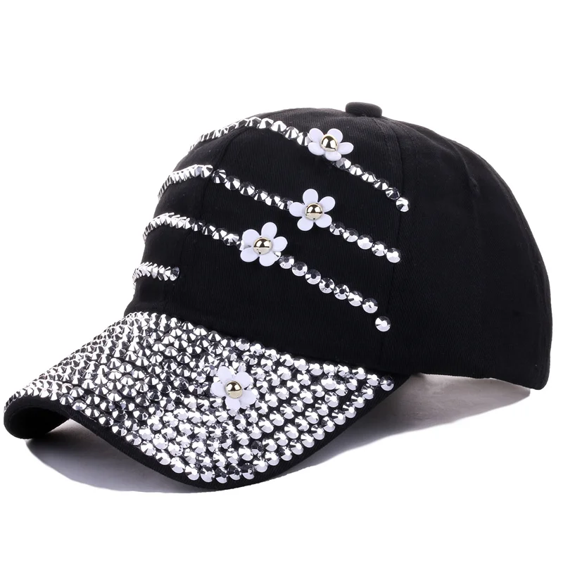 Factory  Custom Fashion Rhinestone Baseball Cap Studded Rhinestone Bling Outdoor Sport Hat Denim Flowers Baseball Hats