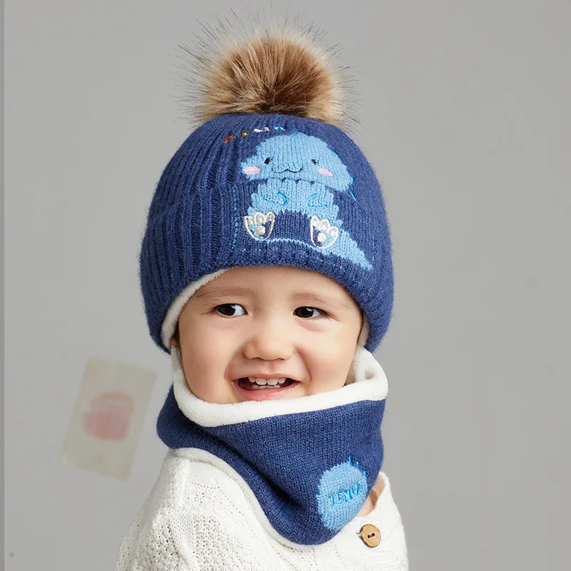 Wholesale Winter Kids Cartoon 100% Cotton Crochet Knitted Faux Fur Pom Pom Beanies Custom Label Toddle Baby Hats and Scarf Set
