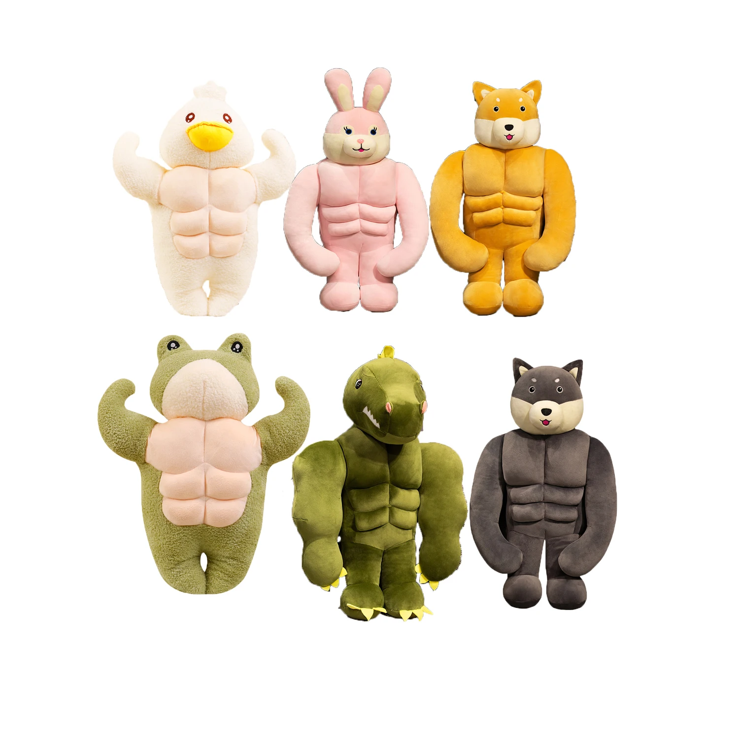 Creative Funny Stuffed Animal Dinosaur With Muscle Adorable Plush Muscular Rabbit Toys Cat Kawaii Squishy Frog Duck Workout Dog