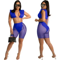 Women Summer Fashion 2022 Beach Wear Mesh Two Piece Short Set Crop Vest Top See Through Biker Shorts 2 Piece Pants Women Set
