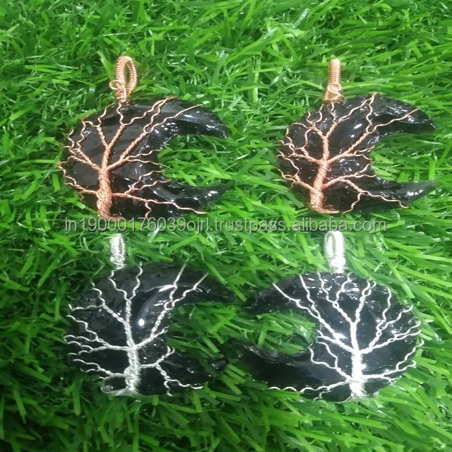 Best Selling Religious Carved Crystal Pendant Necklace Natural Agate Stones Opal Opalite Moon Arrowheads Wire Wrapping Technique