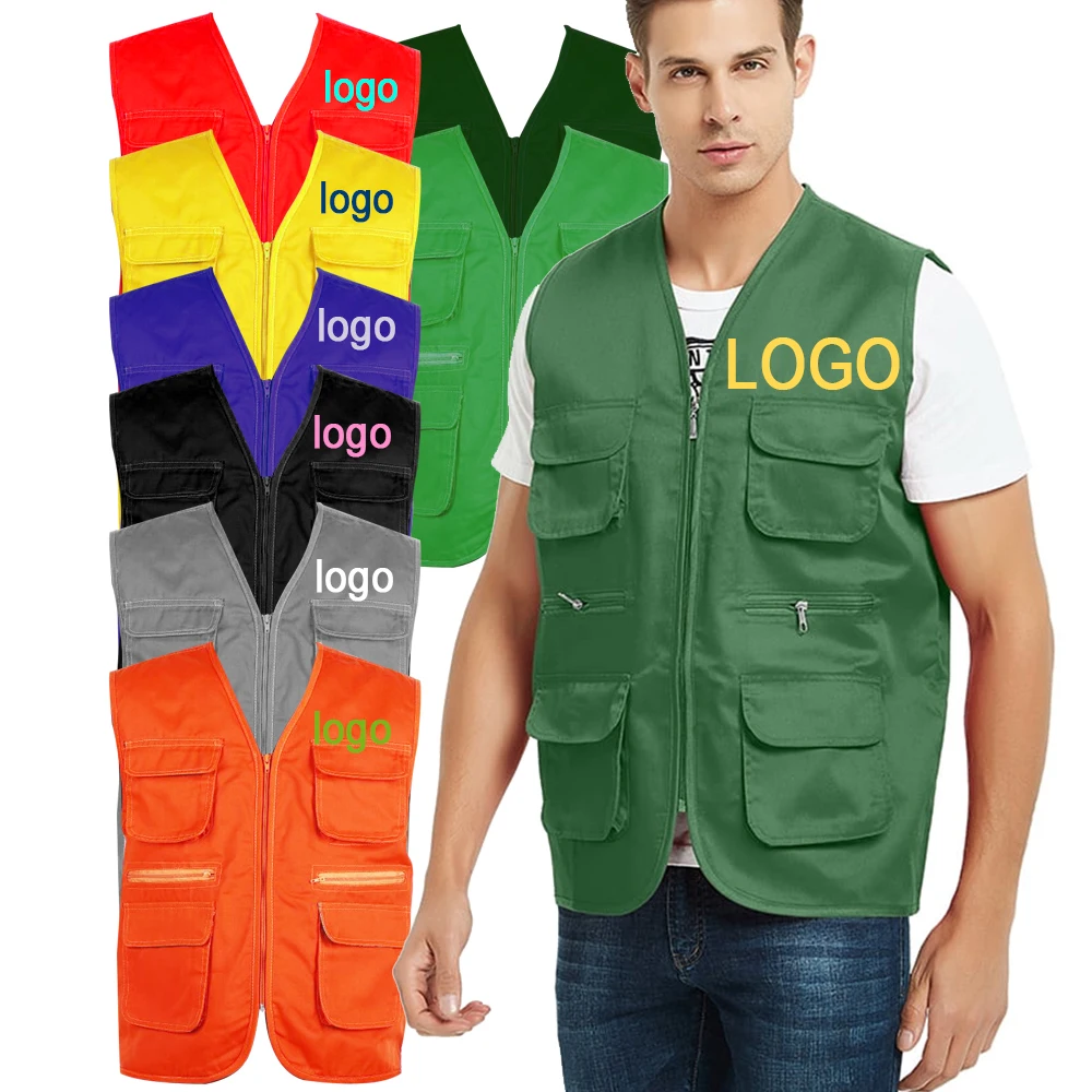 Green 7 pockets v neck outdoor multi pocket waistcoat breathable customized fishing work vest durable print custom logo  vests