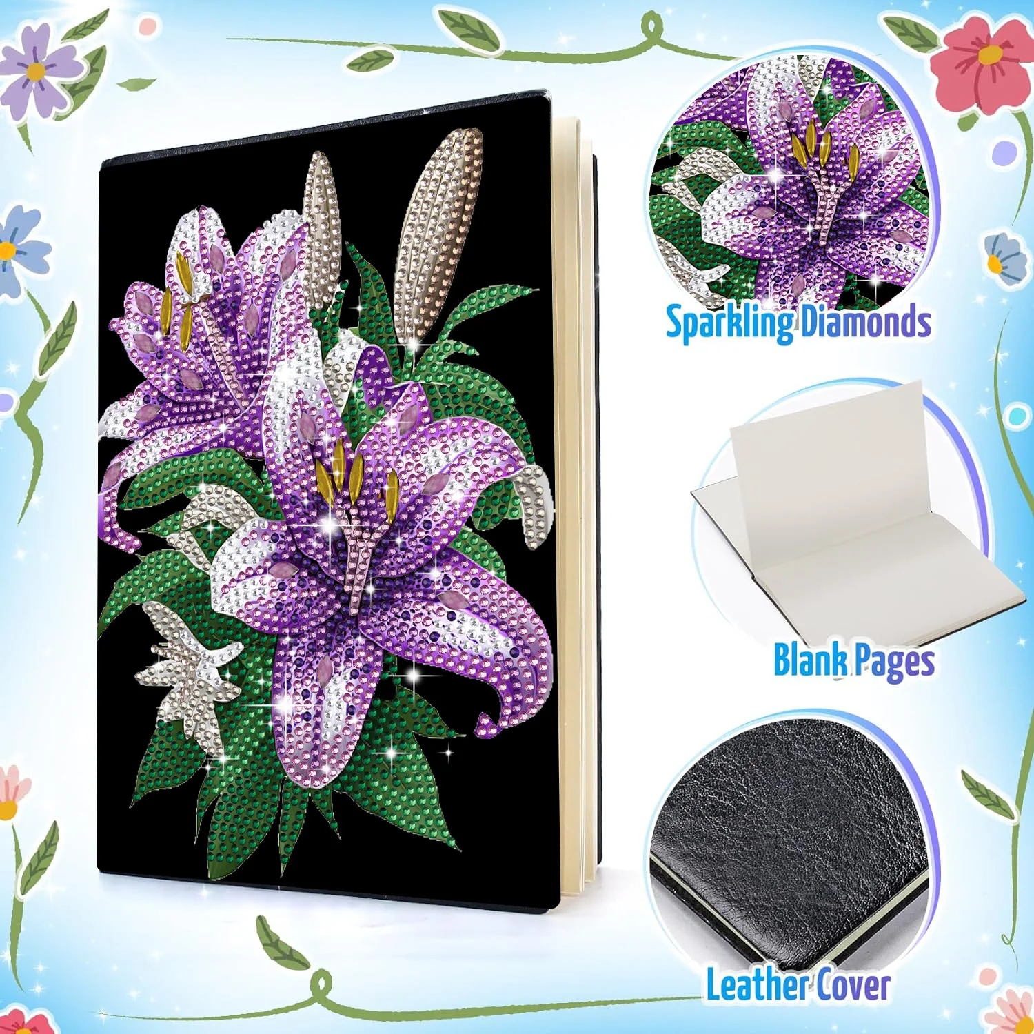 2024 Flower Leather 50 Pages Diamond Painting Notebook Kits for Adults