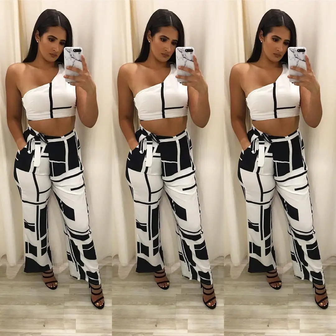 
Sexy Plaid Casual Ladies Trouser Suit High-Waisted Women Two Piece Jump suit Baggy Trouser Suits 