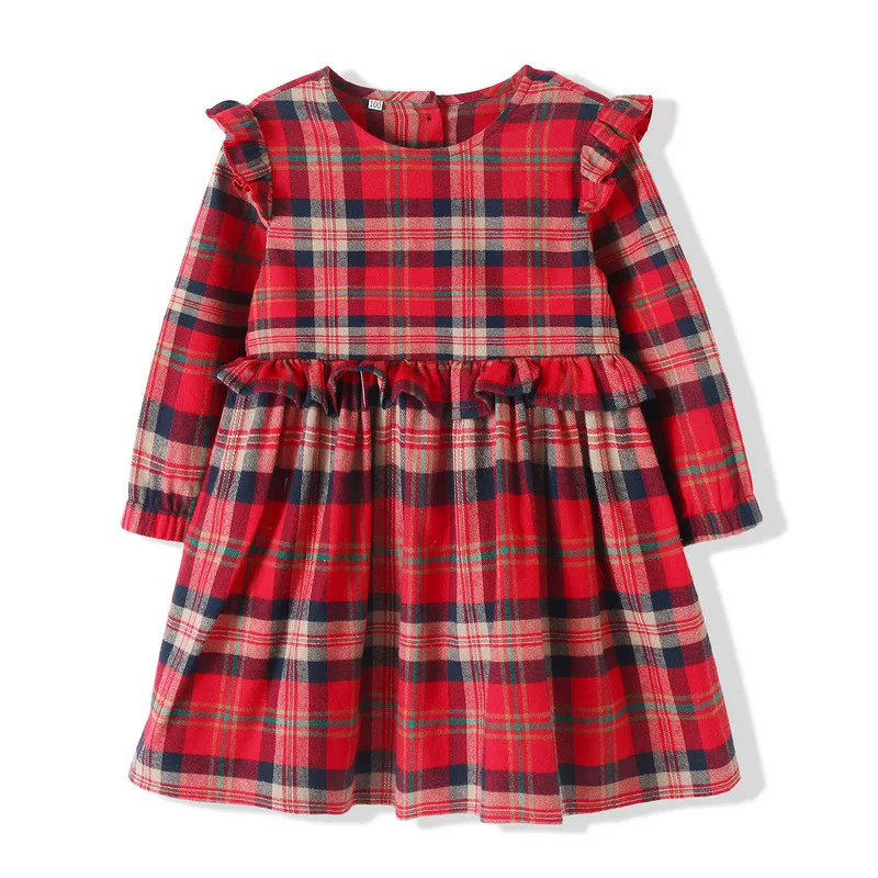 Spring/Autumn New Korean Girls Dress Casual Children Red Plaid Long-Sleeved Princess Dress