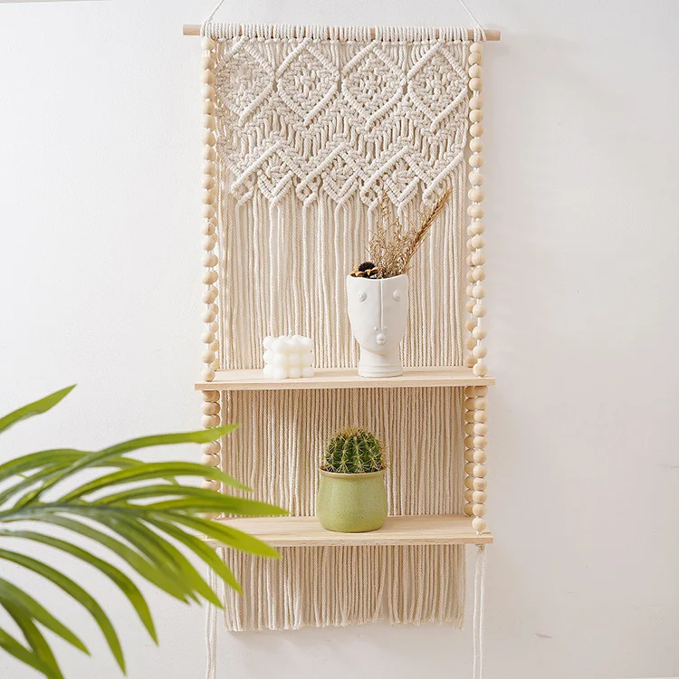 Custom Made Home Decor 2 Tier Rack Flower Pot Holder Woven Macrame Wood Wall Hanging Shelves