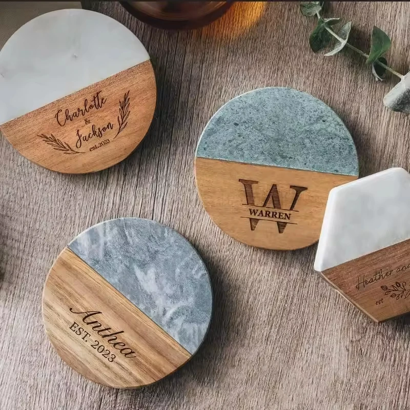Amazon Hot Sale Custom Wedding Gifts Stone Coaster Engraved Marble Acacia Wooden Coaster for Drinks Cup Holders Marble Coaster