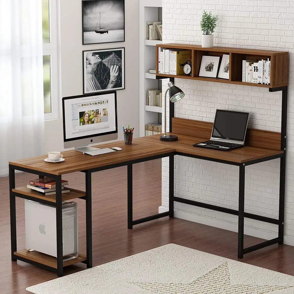 Modern L Shape Home Office Furniture Corner Computer Desks Wood PC Laptop Table with Bookcase