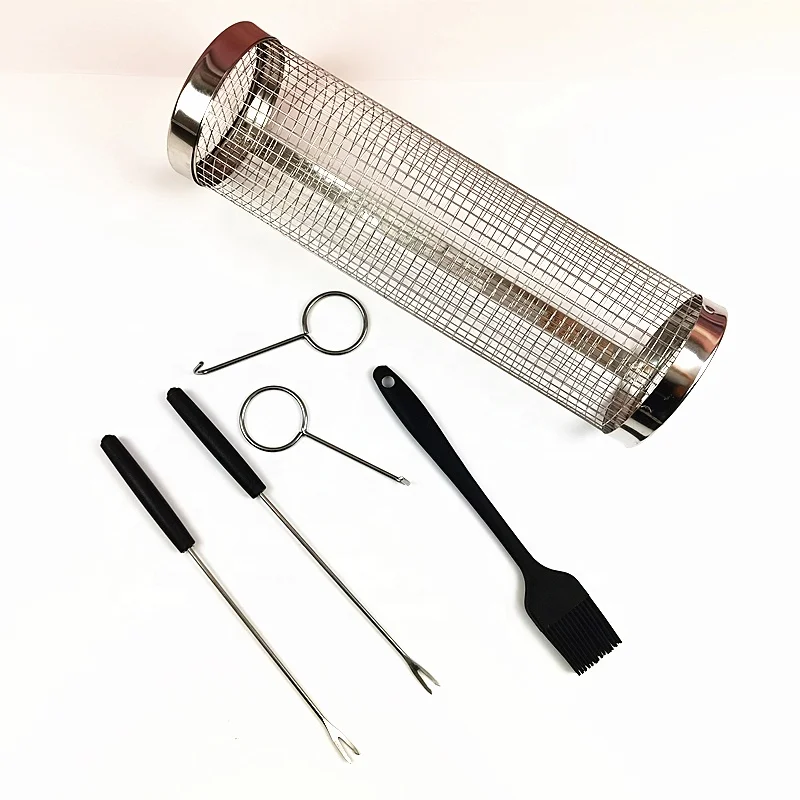 12 inch stainless steel 304 BBQ rolling basket set of 5pcs BBQ rolling basket for outdoor grilling S/S 304 wire mesh BBQ basket