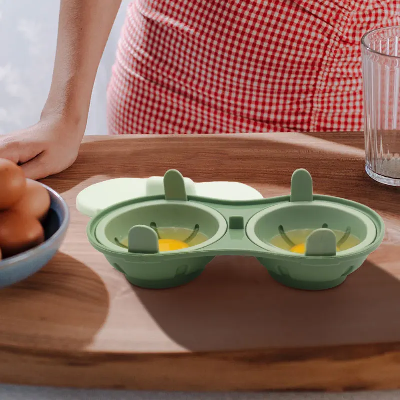 2-Cavity Green Microwave Egg Poacher  Plastic Breakfast Poached and Boiled Egg Makers with Stirring Function
