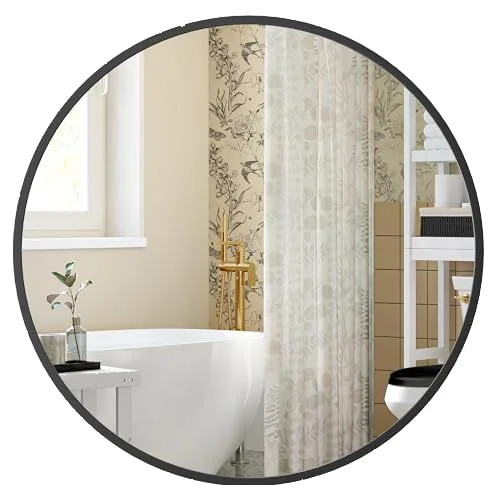 Round bathroom mirror with black metal frame cosmetic mirror wall hanging