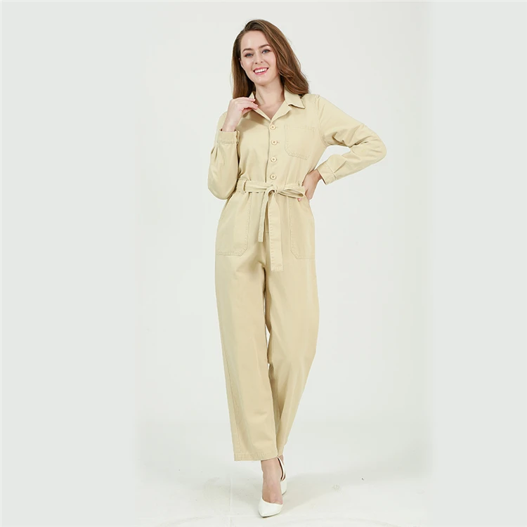 Hot Selling Wholesale Suit Collar Design Apricot Slim Fit Twill Rompers Womens Jumpsuit Women Bodysuits