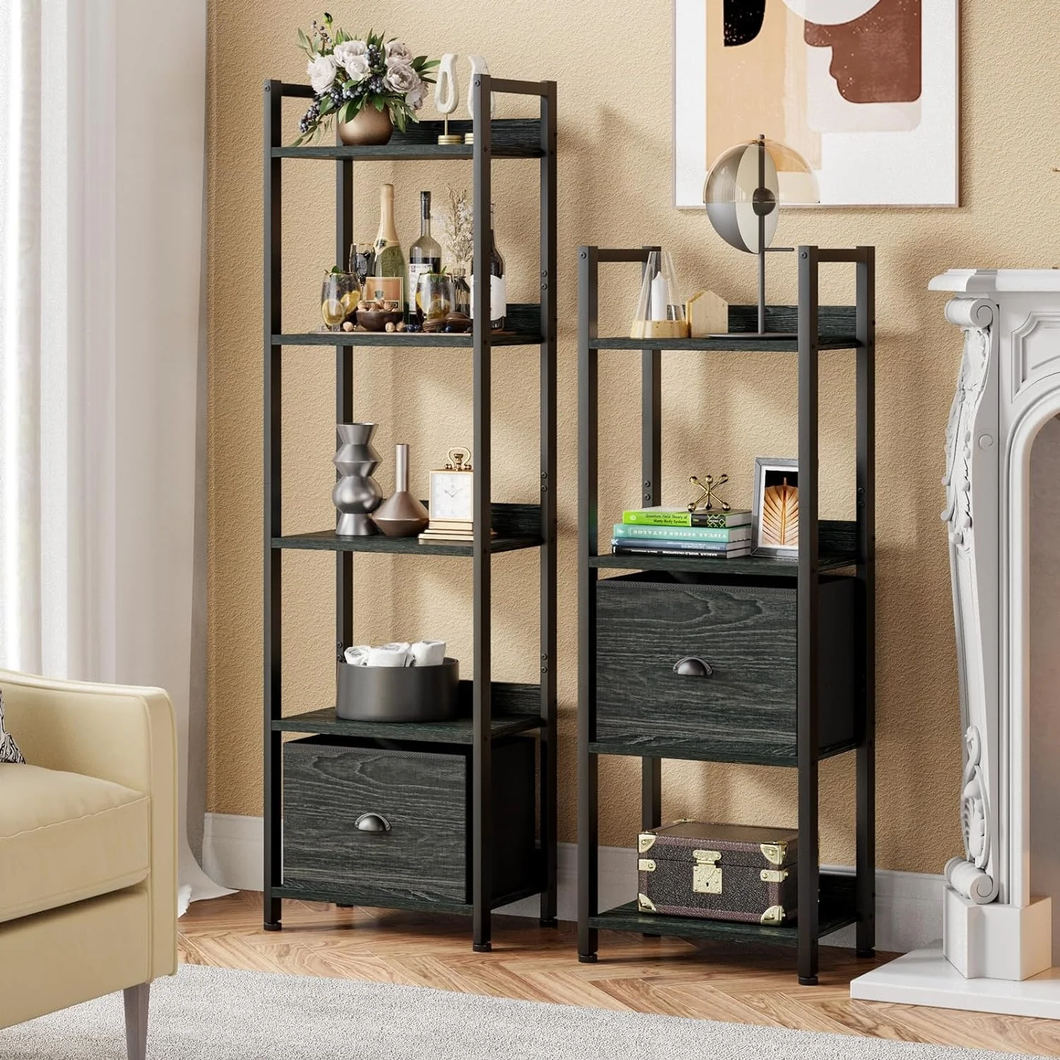 5 Tier Bookshelf with Drawer  Industrial Free Standing Display Shelf Wood and Metal Book Shelf for Bedroom  Living Room