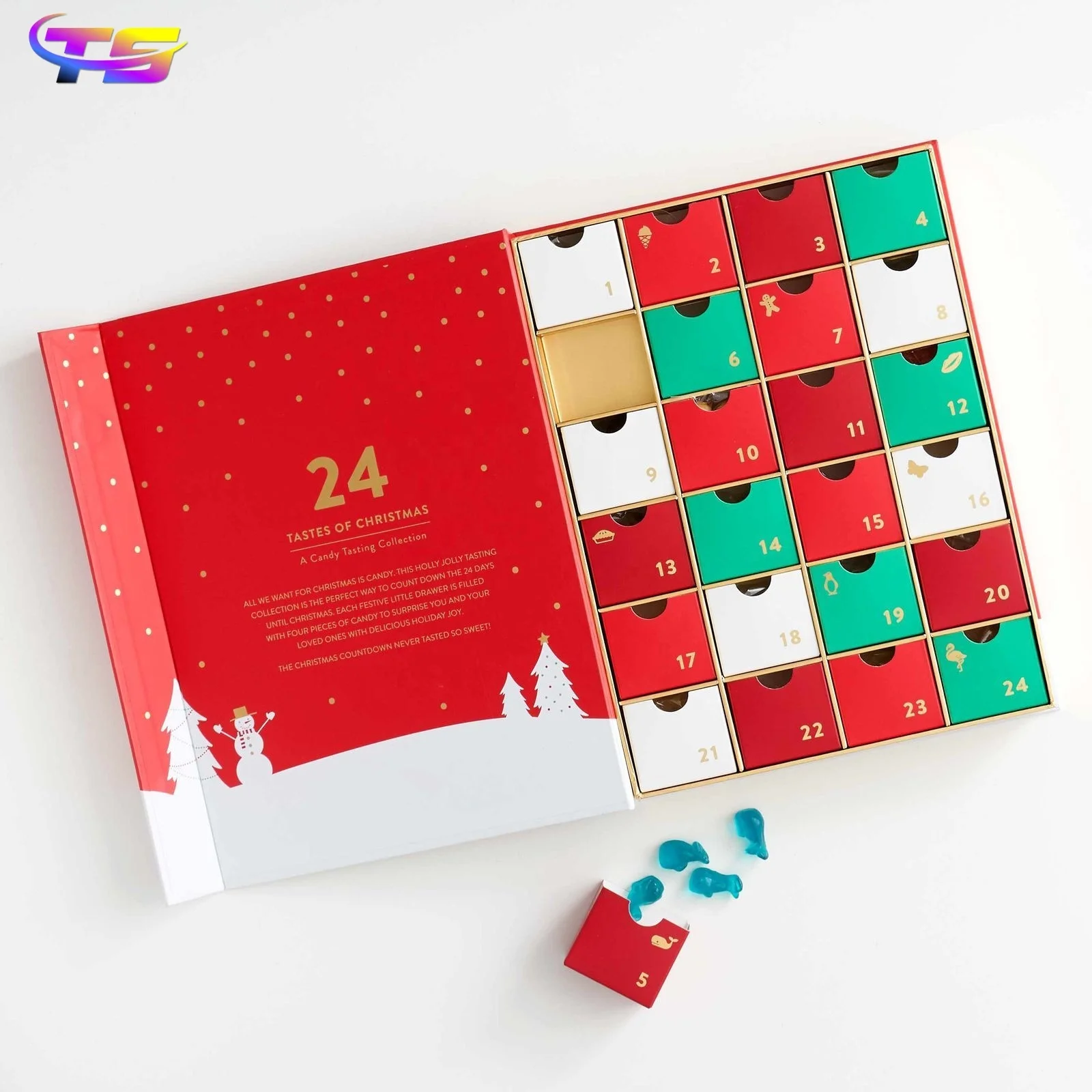 Low Moq Printed Emty Packiging Custom Perforated Calendar Cardboard Blank Box Advent Calender Box With 24 Perforated Windows