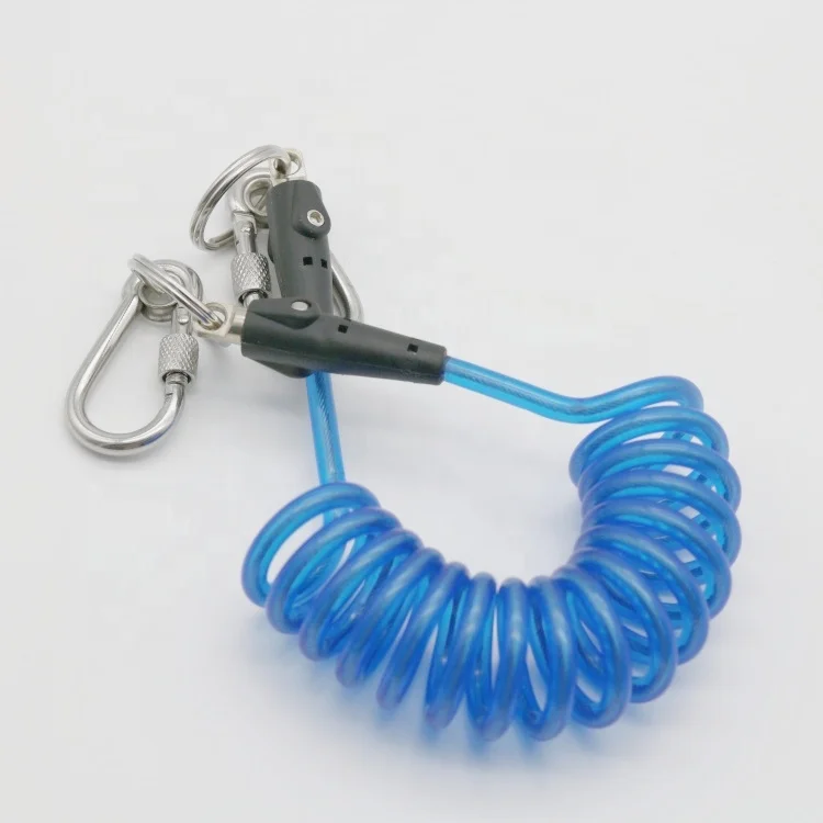 High Quality 5mm Thickness Plastic Quick Release Spiral Safety Tool Lanyard With Double 6*60 Swivel 304 Carabiner Details