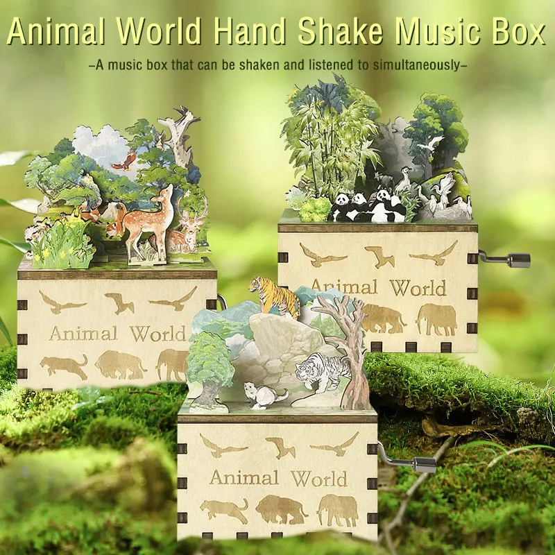 Custom Colorful Music Box Mini Animal World 3D Wooden Puzzle Hand Crank Music Boxes Festival Creative Toy for Kids