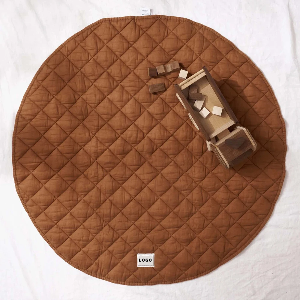 Organic Pure Flax 120*120cm French Healthy Fabric Foldable Quiet Linen Baby Crawling Gym Play Mat Blanket Custom Wholesale