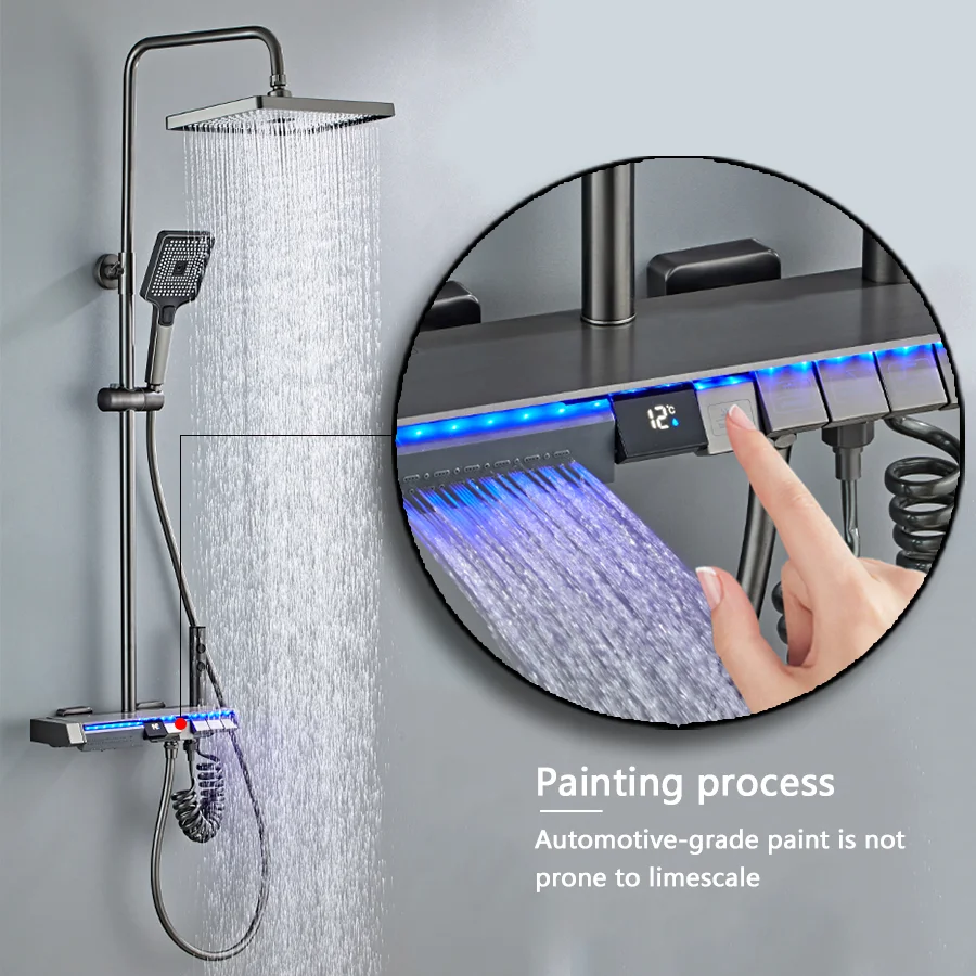 KAHNOS 2024 five function ambient light thermostatic digital display shower head set gun grey rain shower back spray shower set