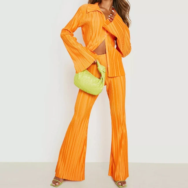 Spring Fall Stylish Plisse Outfits Women Drop Shoulder Shirt And Wide Leg Flared Pants Two Pieces Set