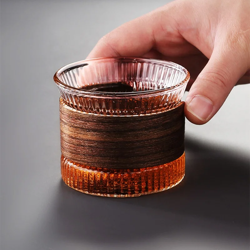 New Design 150ML Stripe Clear Glass Coffee Cup Wide Mouth Ribbed Small Hammer Borosilicate Glass Tea Cups With Wood Sleeve