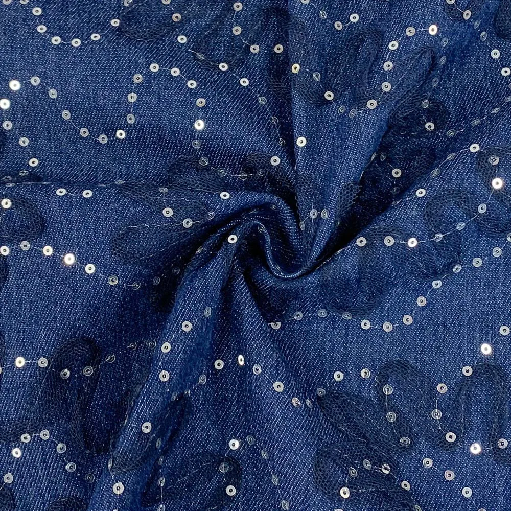 Denim Fabric Wholesale Polyester Cotton Lace Bead Embroidered Denim Fabric For Clothing Diy Decoration