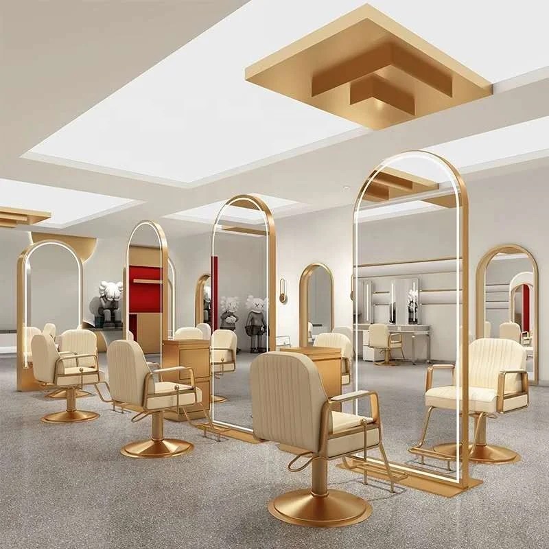 Hair salon mirror station with cabinet integrated single or double side mirror with light