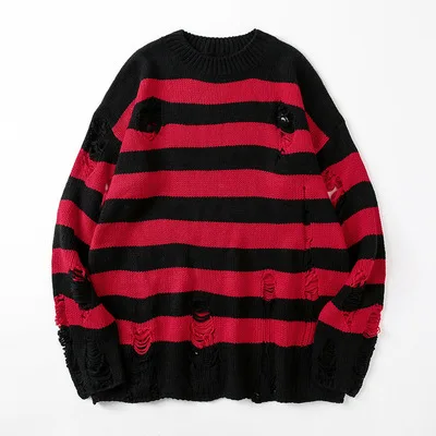New Trendy Striped Holes Mens Knit Sweater Fashion Round Collar Long Sleeve Knitted Sweater Men