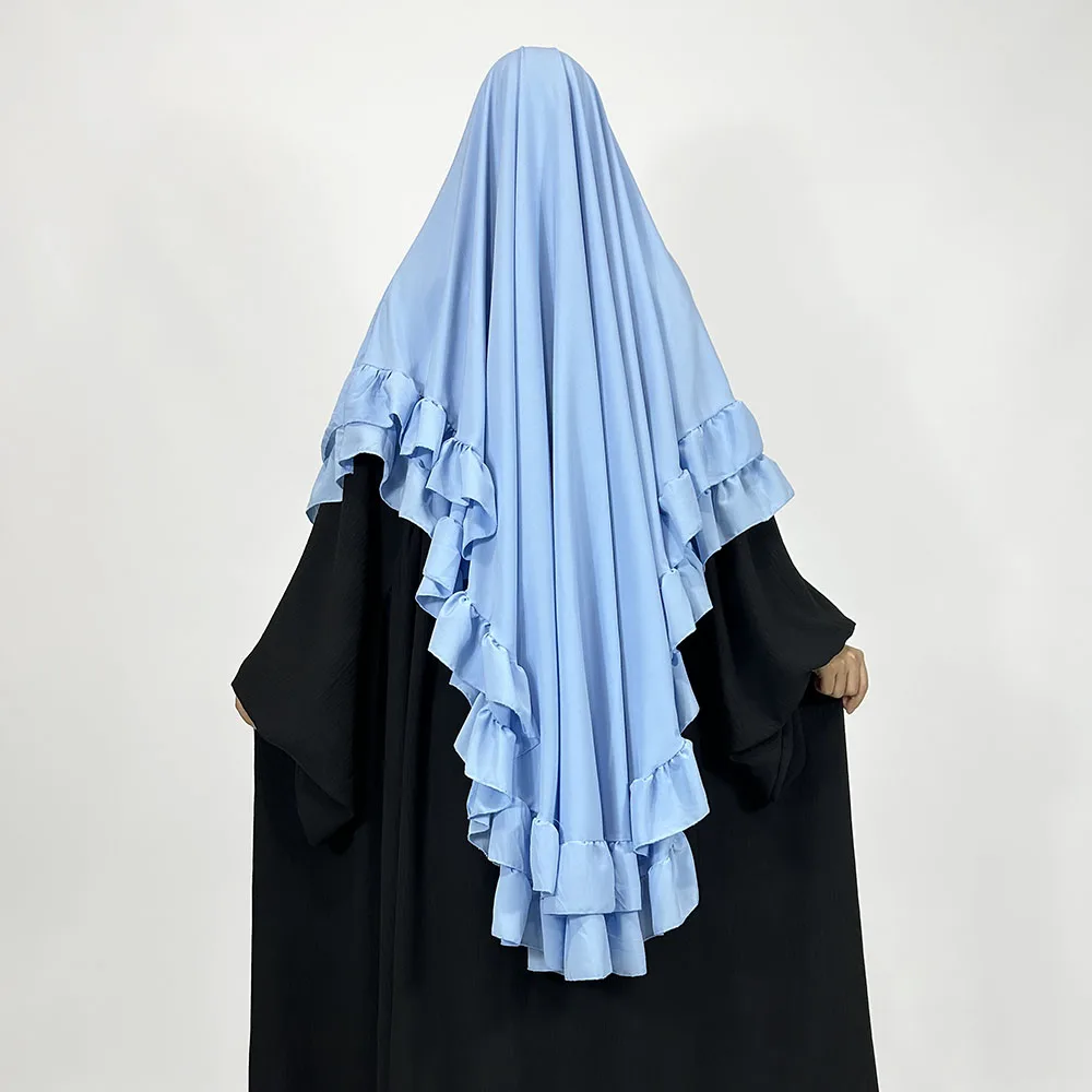 Two Layer Ruffle Chiffon Khimar with Niqab Strings Custom Breathable Hijab Scarf Wholesale Women Muslim Dubai Islamic Clothing
