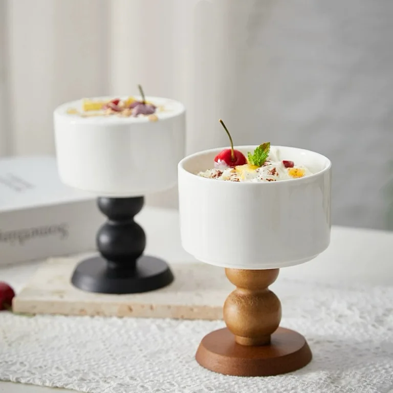 Vintage Ceramic Goblet French Style Ice Cream Cup Ins Pudding Dessert Bowl Household Wooden Feet Candle Cup Candle Holder