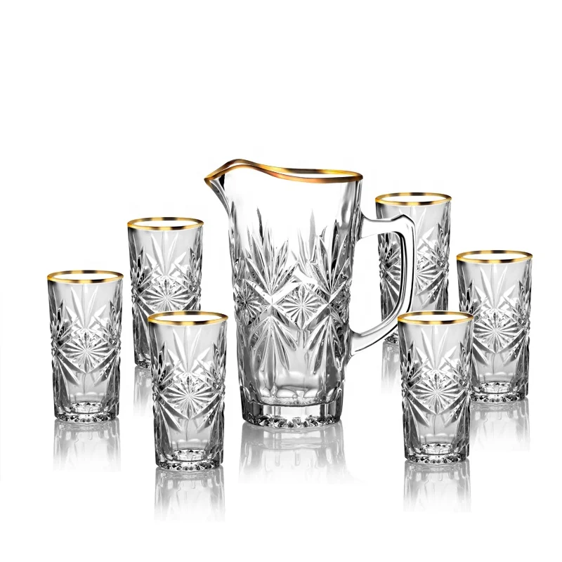 Factory popular high end curved water juice drinking chess set 7pcs glass jug set with gold rim pitcher drinking glass set